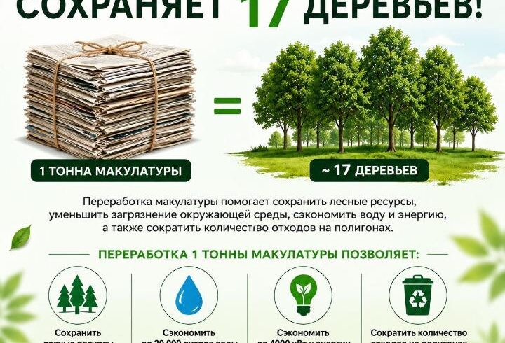 Бір тонна макулатураны қайта өңдеу шамамен 17 ағашты сақтап қалуға мүмкіндік береді! Бір тонна макулатураны қайта өңдеу шамамен 17 ағашты сақтап қалуға мүмкіндік береді!